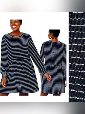 LOFT Button Back Knit Speckled Striped Navy White Swing Dress Oversized Party M